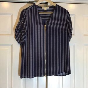 Michael Kors Navy and White Striped Blouse Gold Zipper Elevated Luxury Casual